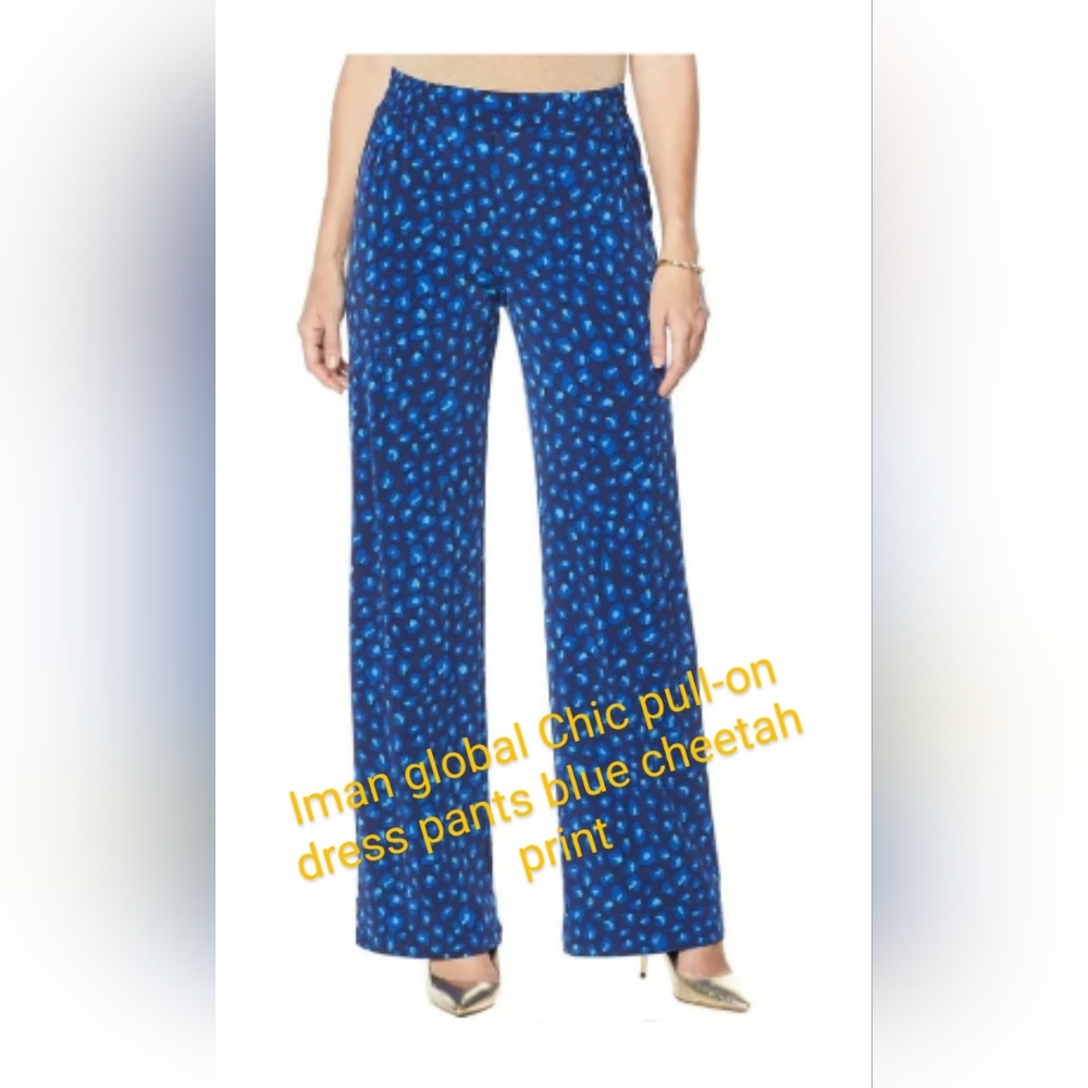 Iman global Chic pull-on dress pants blue cheetah print large